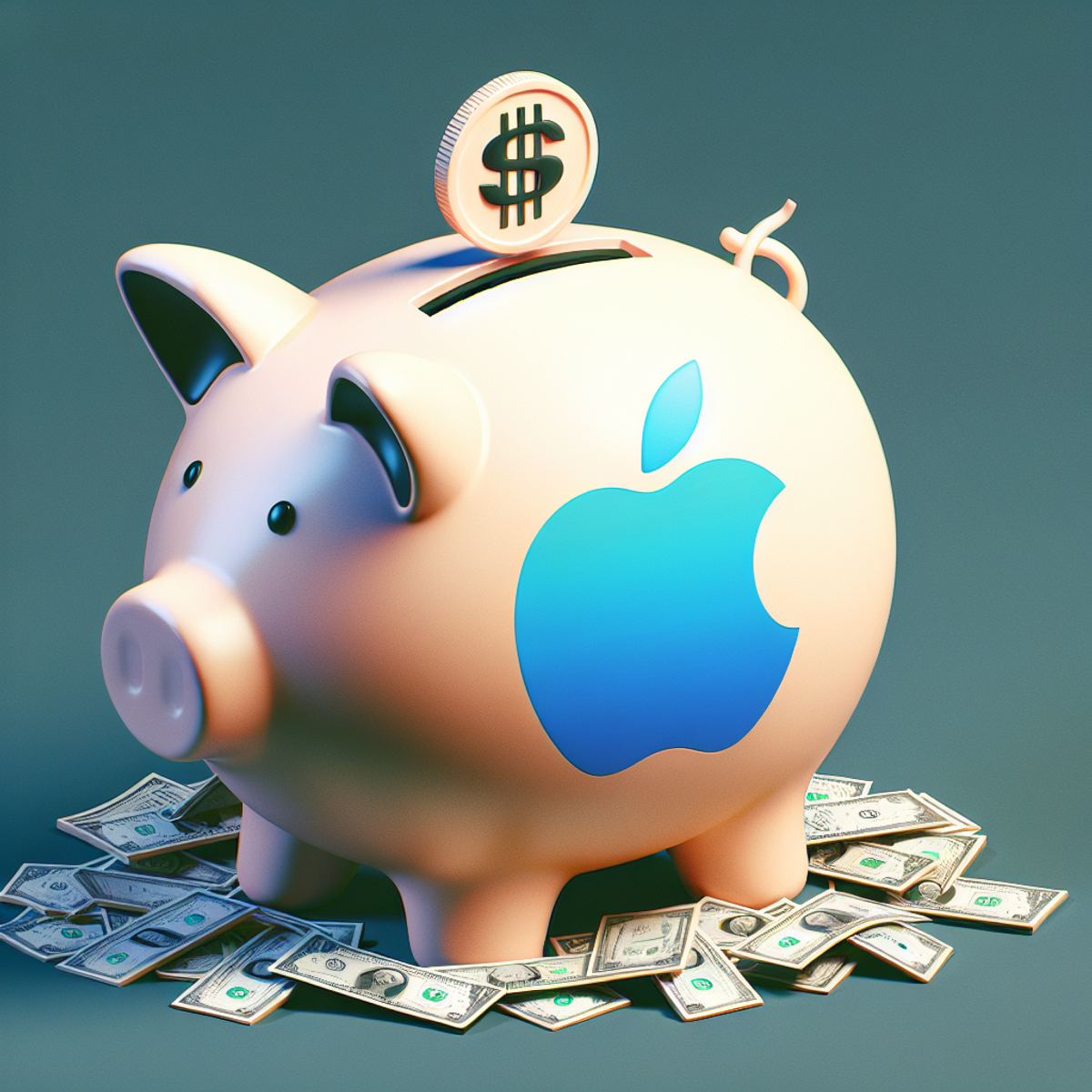 Piggy bank with bitten fruit symbol and piles of currency