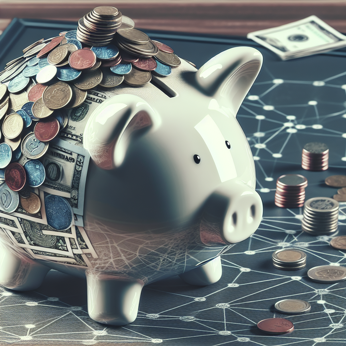 A piggy bank overflowing with coins and currency notes.