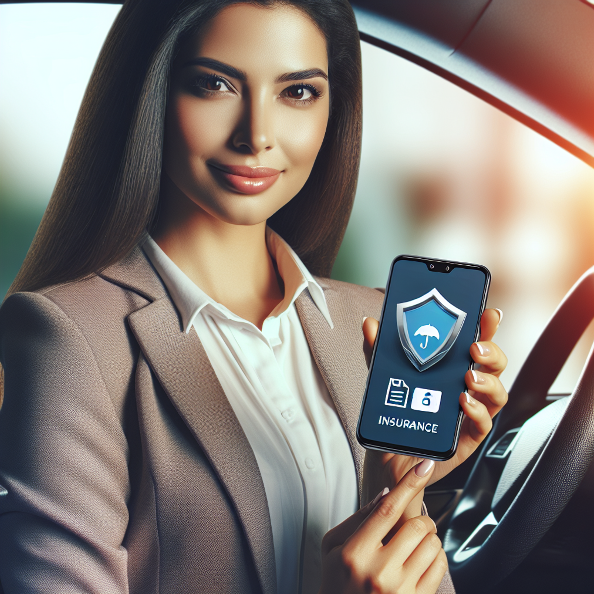 A Hispanic female driver confidently holds a smartphone displaying an insurance claims app, symbolizing modern convenience and technology in car insurance management.
