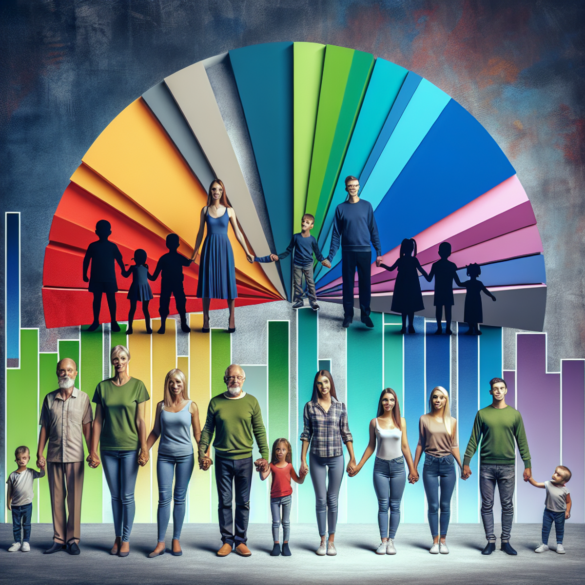 A diverse family holding hands with a budget chart in the background.