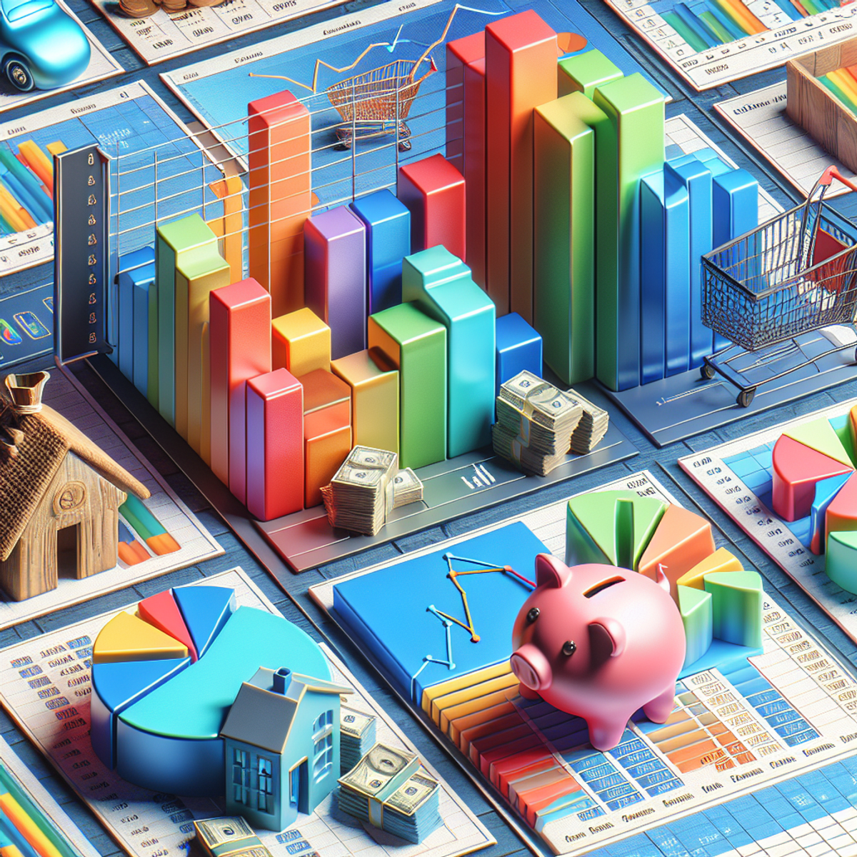 A 3D rendering of a financial spreadsheet with vibrant bar and pie charts representing fluctuating financial data, alongside distinct objects symbolizing budget categories like a piggy bank, shopping cart, and house.