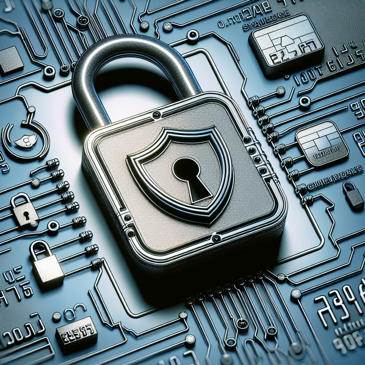 A metallic padlock with a shield emblem on an abstract credit card background.