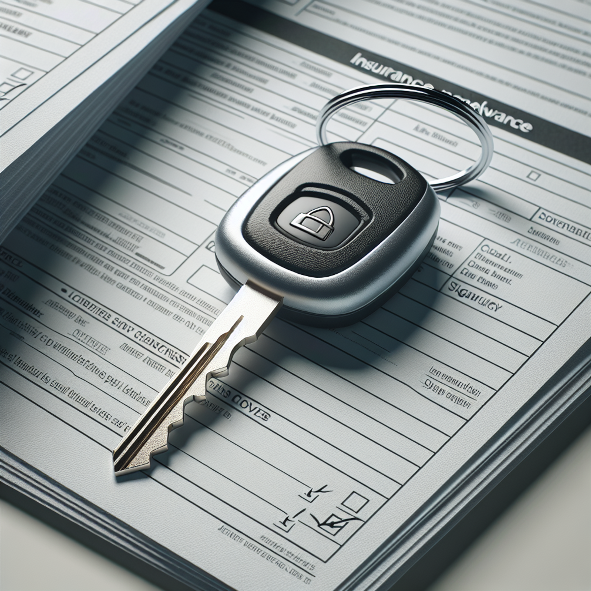 Shiny metal car key on top of insurance paperwork