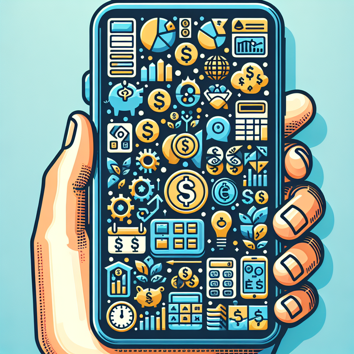 A smartphone screen displaying various budgeting app icons, including coins, money bills, calculators, pie charts, calendars, and savings piggy banks.