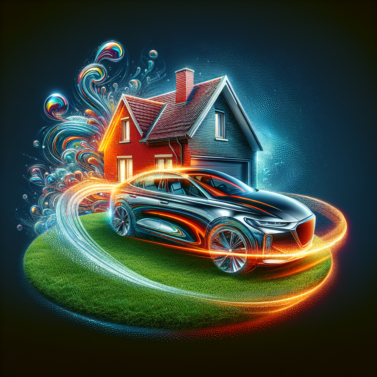 A sleek car and a classic home intertwined, representing combined insurance policies.