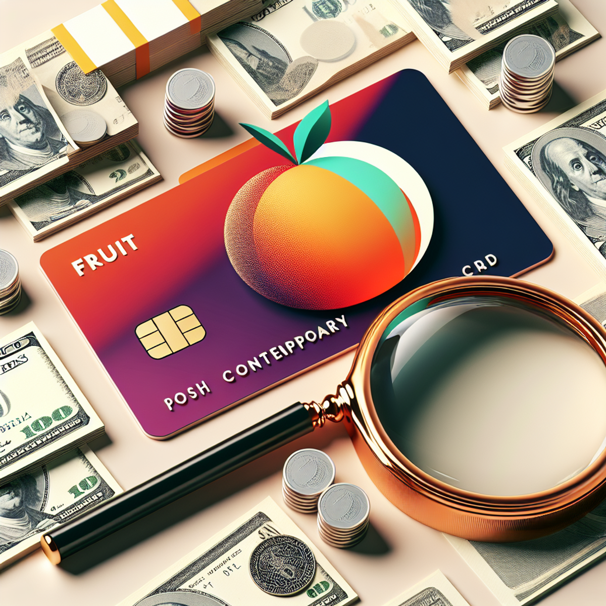 Abstract fruit logo encircled by piles of undeciphered banknotes and a magnifying glass.