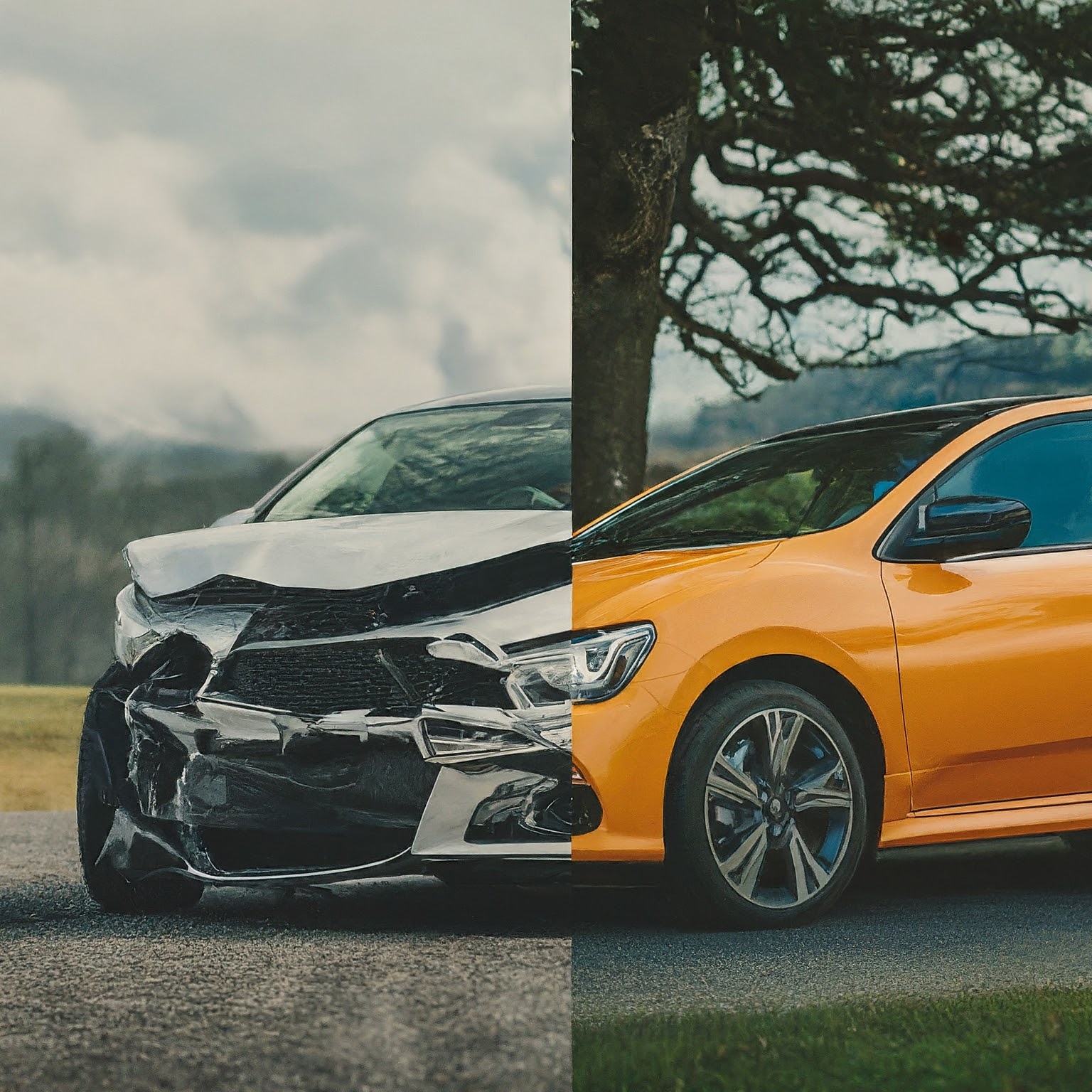 A car and a car with a yellow stripe on the side.