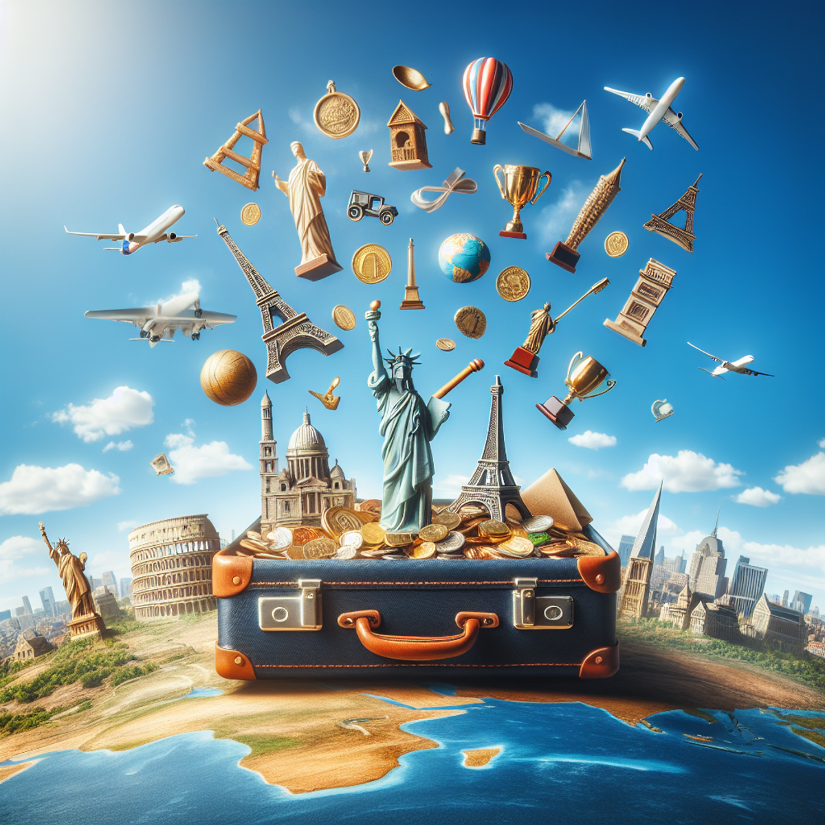 A floating suitcase filled with travel rewards against a backdrop of famous world landmarks.