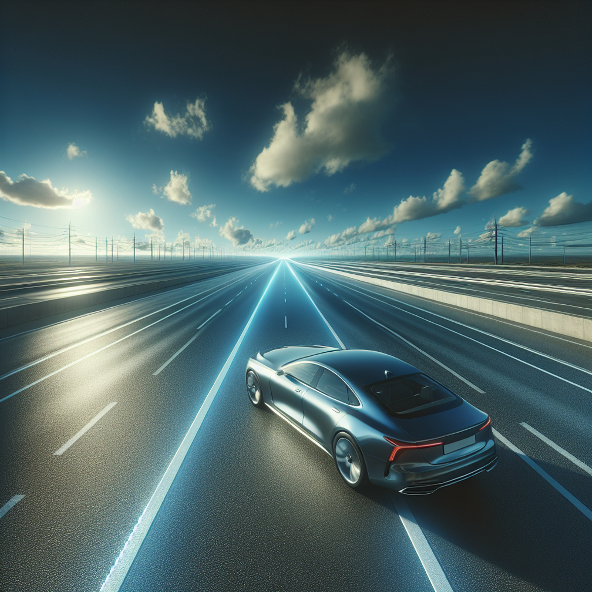 Sleek modern car on open highway with clear blue sky.