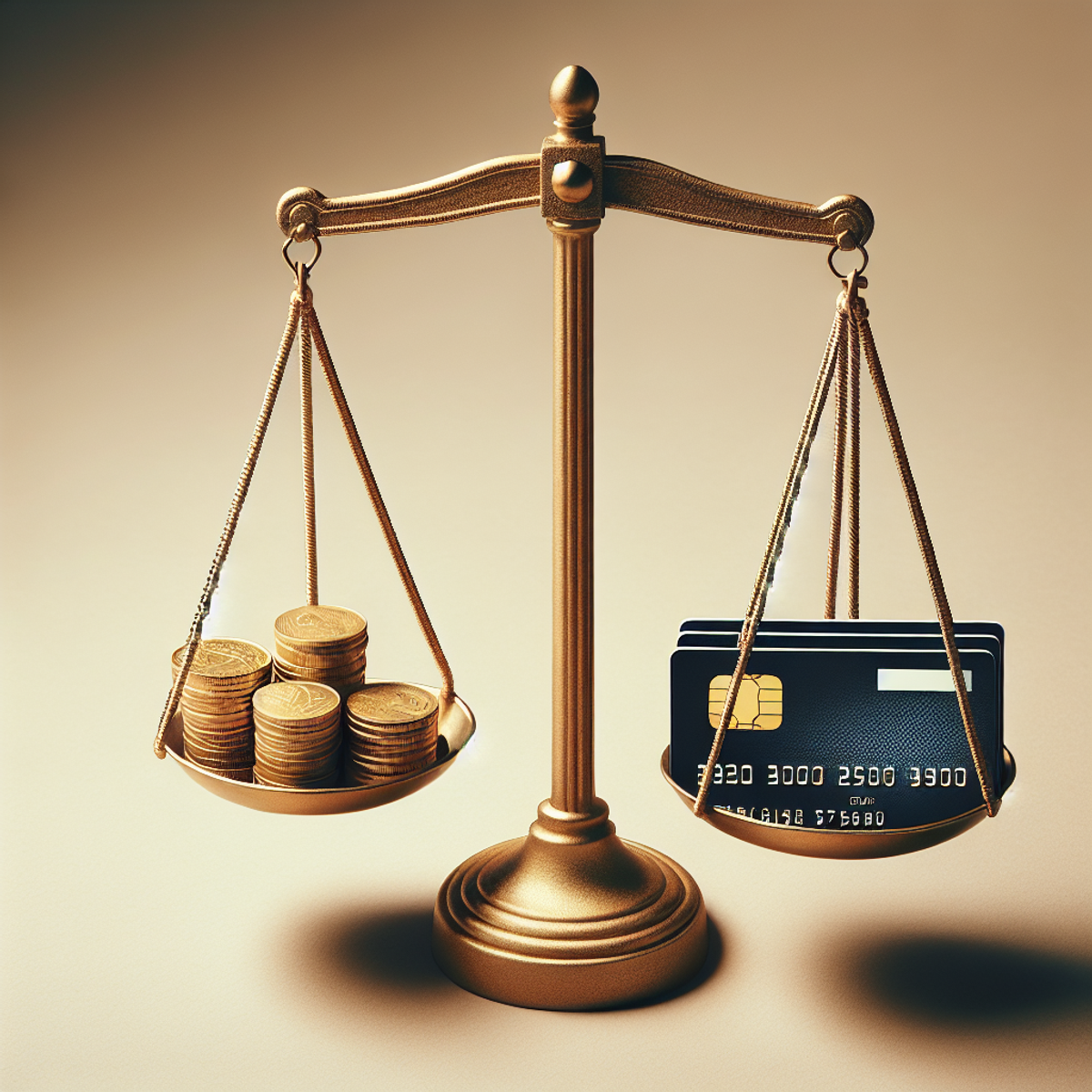 A balance scale with gold coins on one side and credit cards on the other, representing physical currency versus electronic transactions.