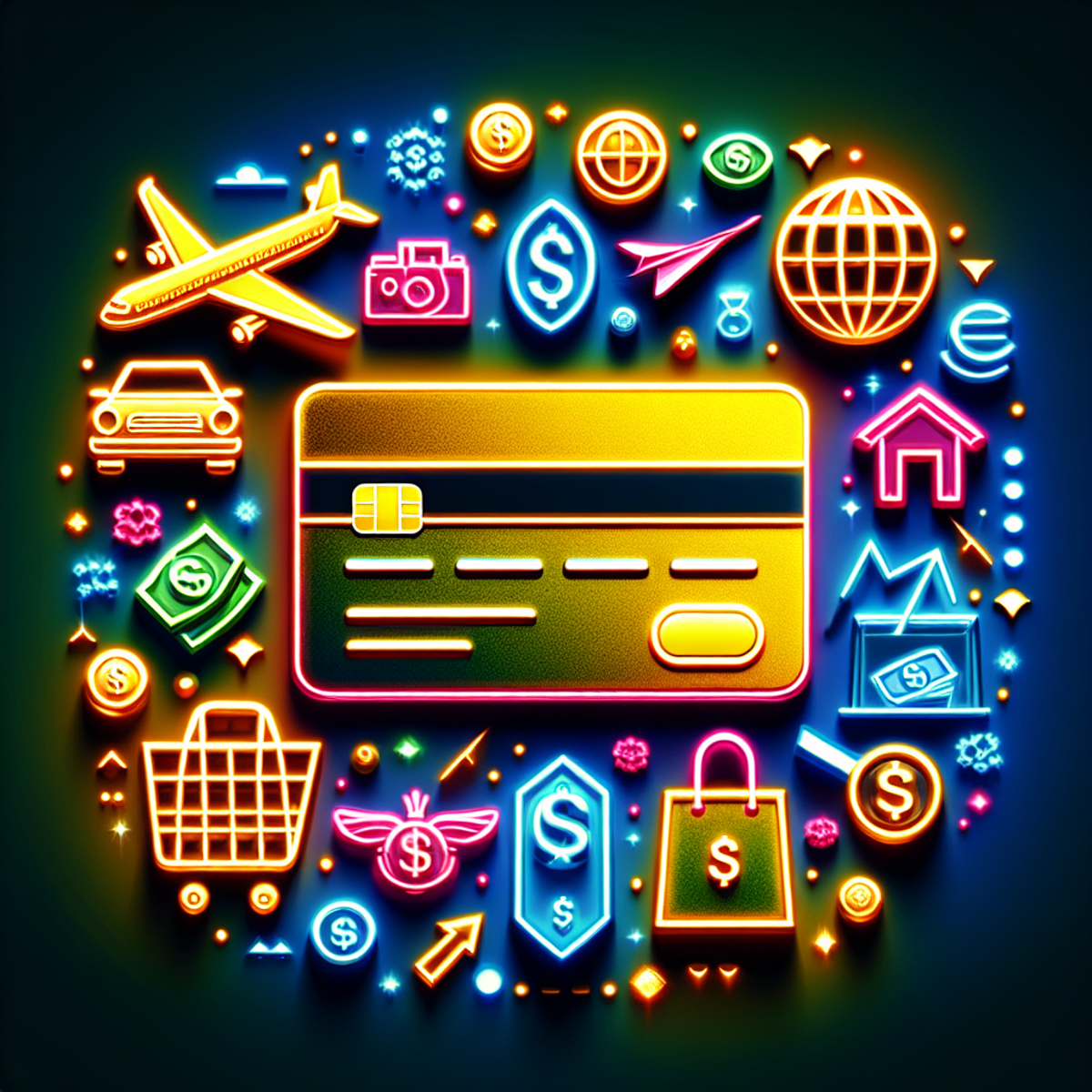 A gold and neon credit card surrounded by symbols of rewards and benefits.