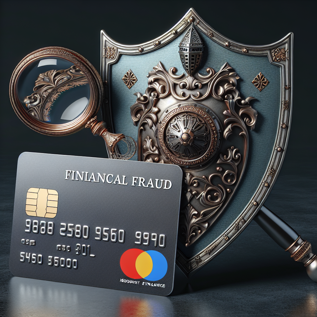 A metallic shield guarding a credit card with a magnifying glass hovering over it.