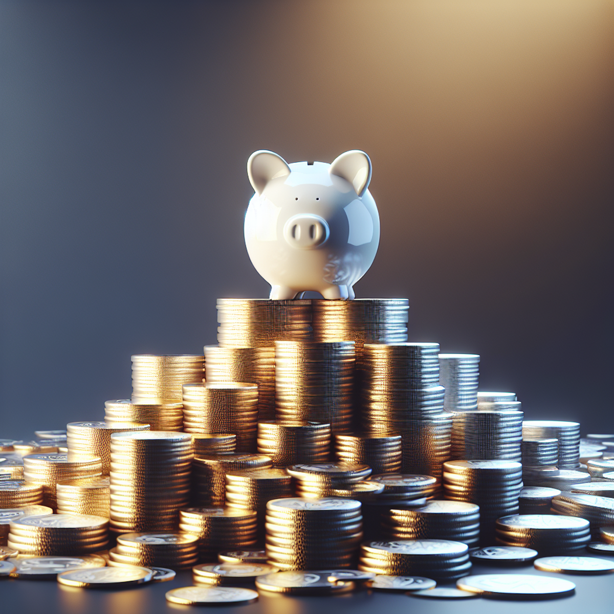 Alt text: A white ceramic piggy bank on top of a pile of gold and silver coins, symbolizing financial savings and investments.