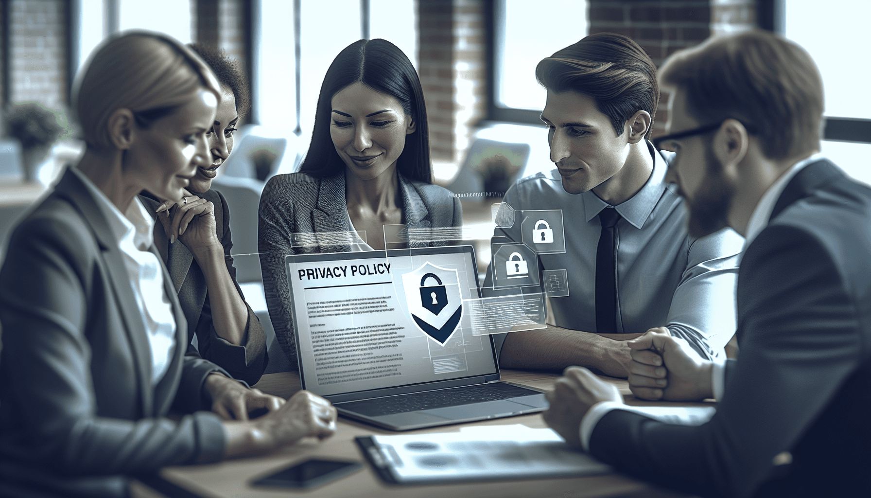 A diverse group of business professionals, including a Caucasian woman, a Hispanic man, and an Asian woman, are engaged in a focused discussion around a laptop in a modern office. The laptop screen displays a document labeled "Privacy Policy," emphasizing themes of data protection and compliance. The office environment promotes collaboration and transparency, featuring various digital devices. A privacy shield or lock icon is visible on the laptop screen, highlighting the importance of privacy in their conversation.