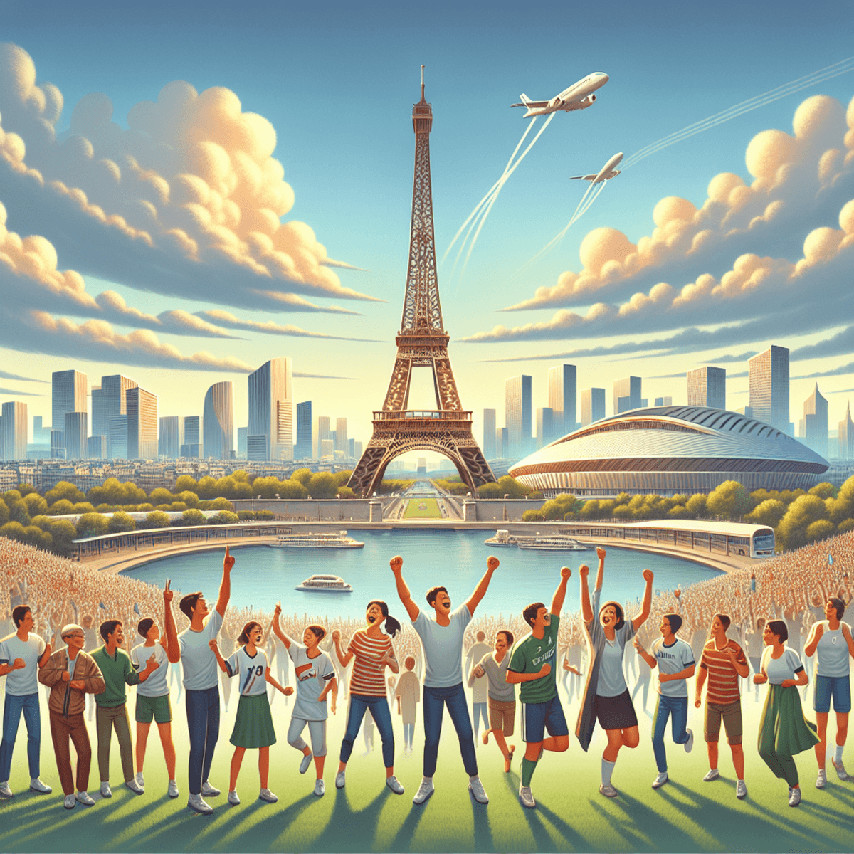 A vibrant scene of the Paris skyline at sunset, featuring the Eiffel Tower and Stade de France in the background. In the foreground, a diverse group of people of various ethnicities, including Caucasian, Asian, and Hispanic individuals, are joyfully celebrating together. They are smiling, waving flags, and wearing Olympic-themed clothing, embodying excitement and unity as they anticipate the upcoming Paris Olympics. The atmosphere is lively with colorful decorations and confetti in the air, capturing a festive spirit filled with hope and camaraderie.