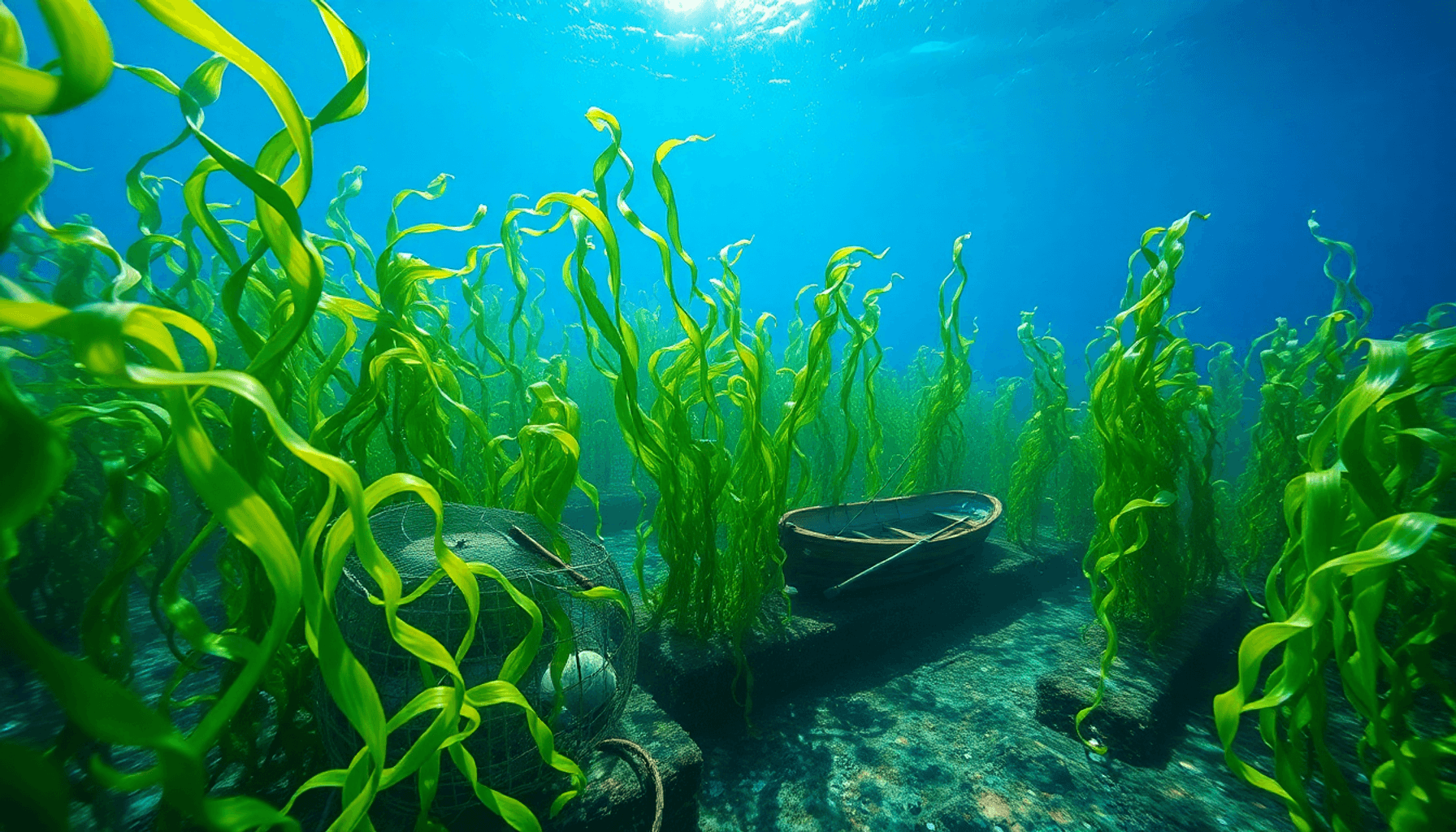 一个色彩斑斓的水下场景,摇曳的绿色海藻,阳光透过水面洒下,小船装备有可持续捕鱼和养殖工具,象征着气候韧性。