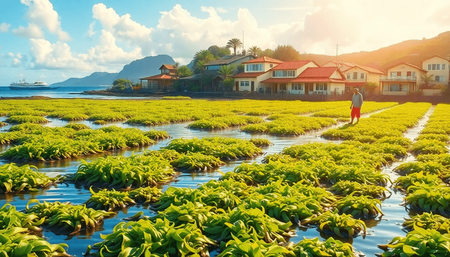 一位农民在生机勃勃的海岸场景中检查丰盛的海藻,背景中有当地企业,象征着社区韧性和经济稳定。