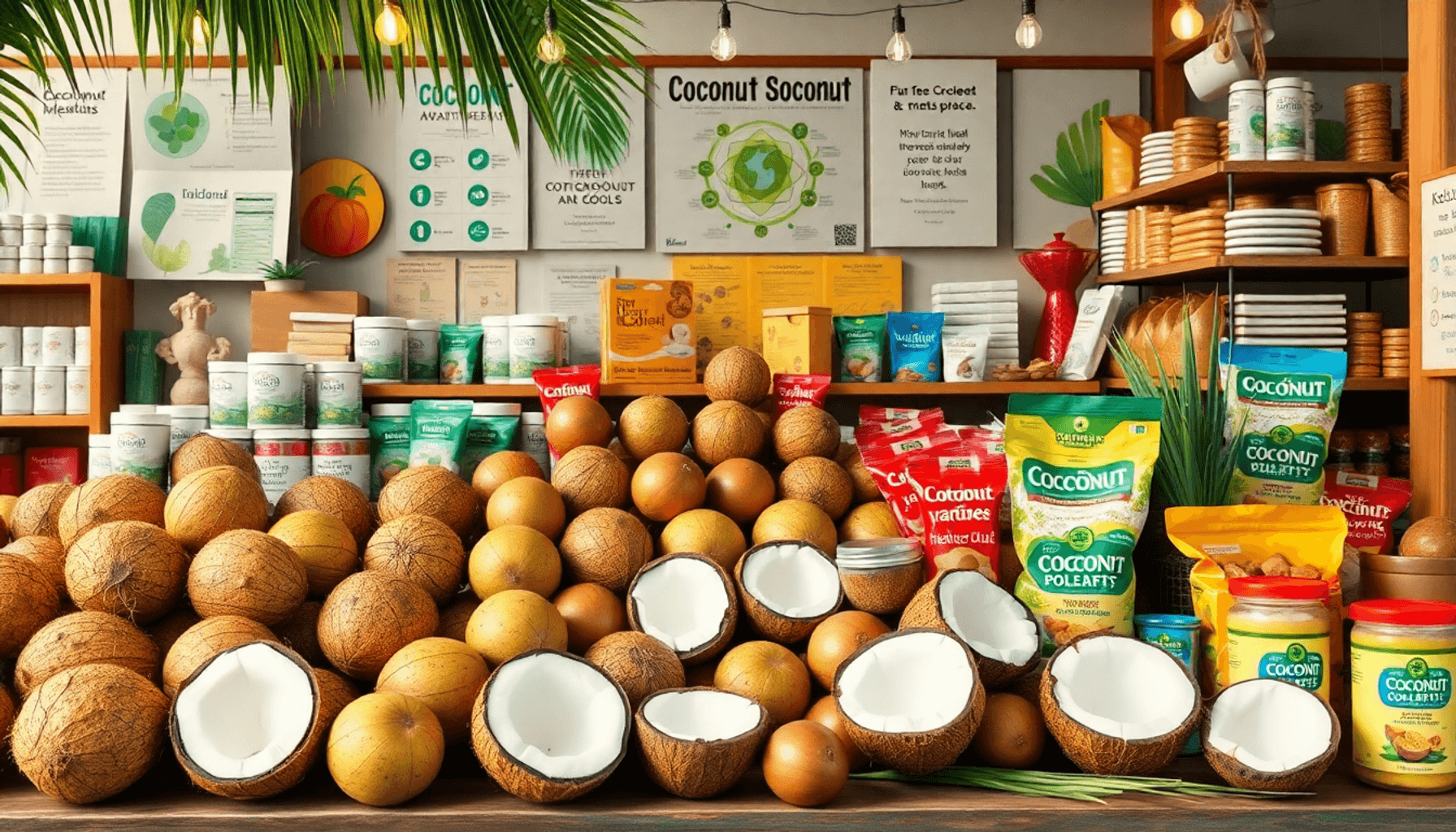 一个充满新鲜椰子、椰子产品和彩色零食的热闹市场,背景有关于健康益处和可持续性的书籍和图表。