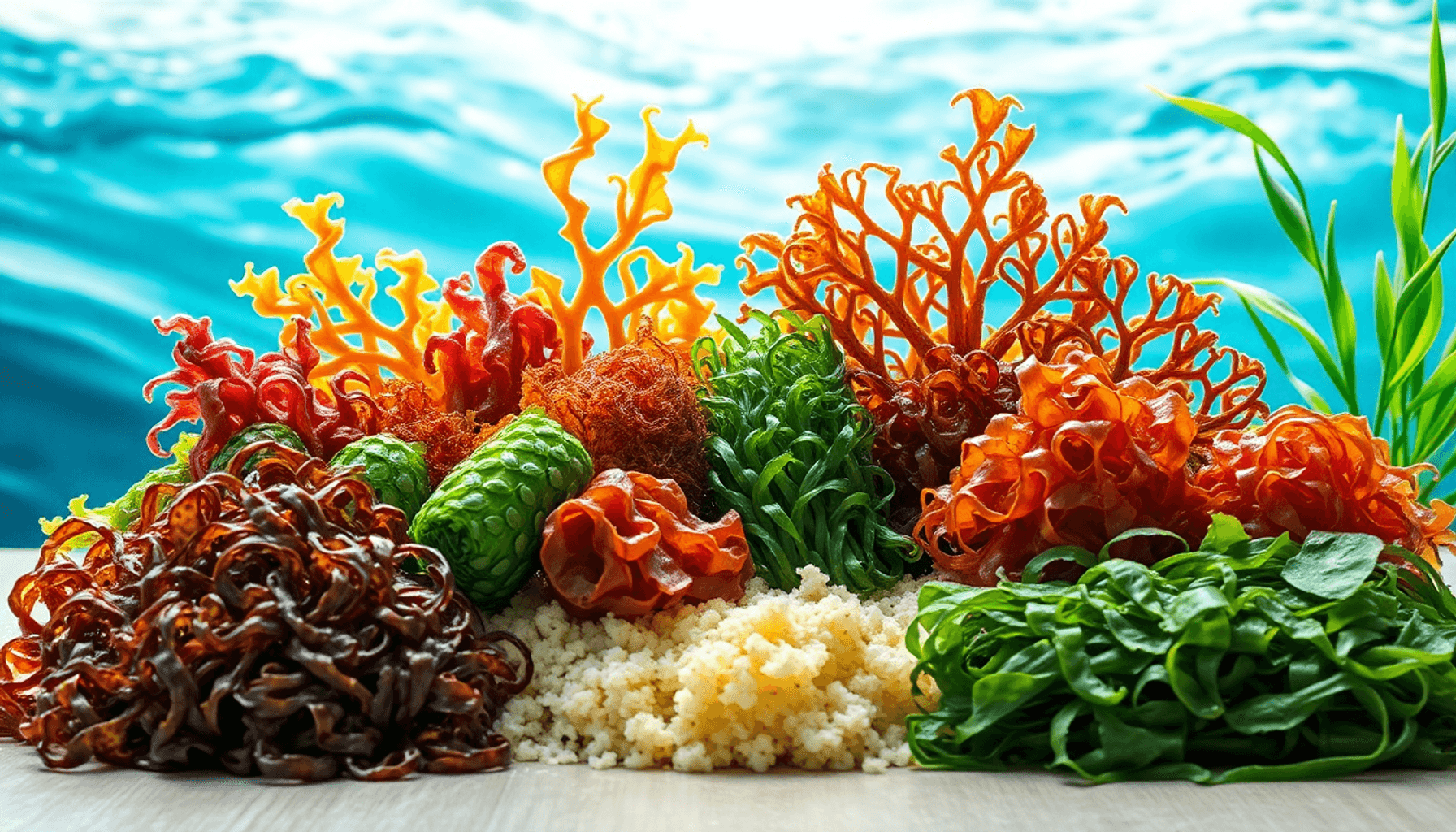 各种类型的海藻以环保包装材料进行色彩丰富的排列,背景是灵感来自大海波浪和绿色植物的自然场景。