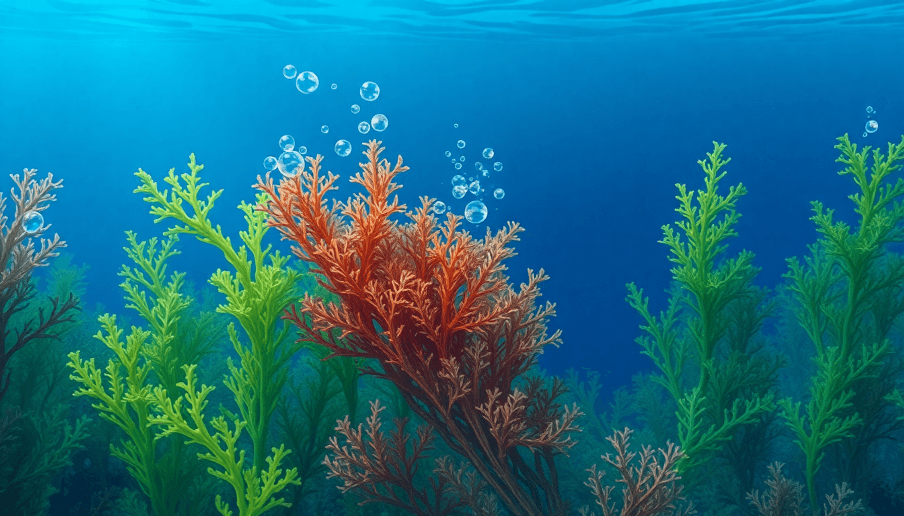 健康海藻与漂白区域形成鲜明对比的生动水下场景,气泡上升到水面,水色渐变指示酸化影响。