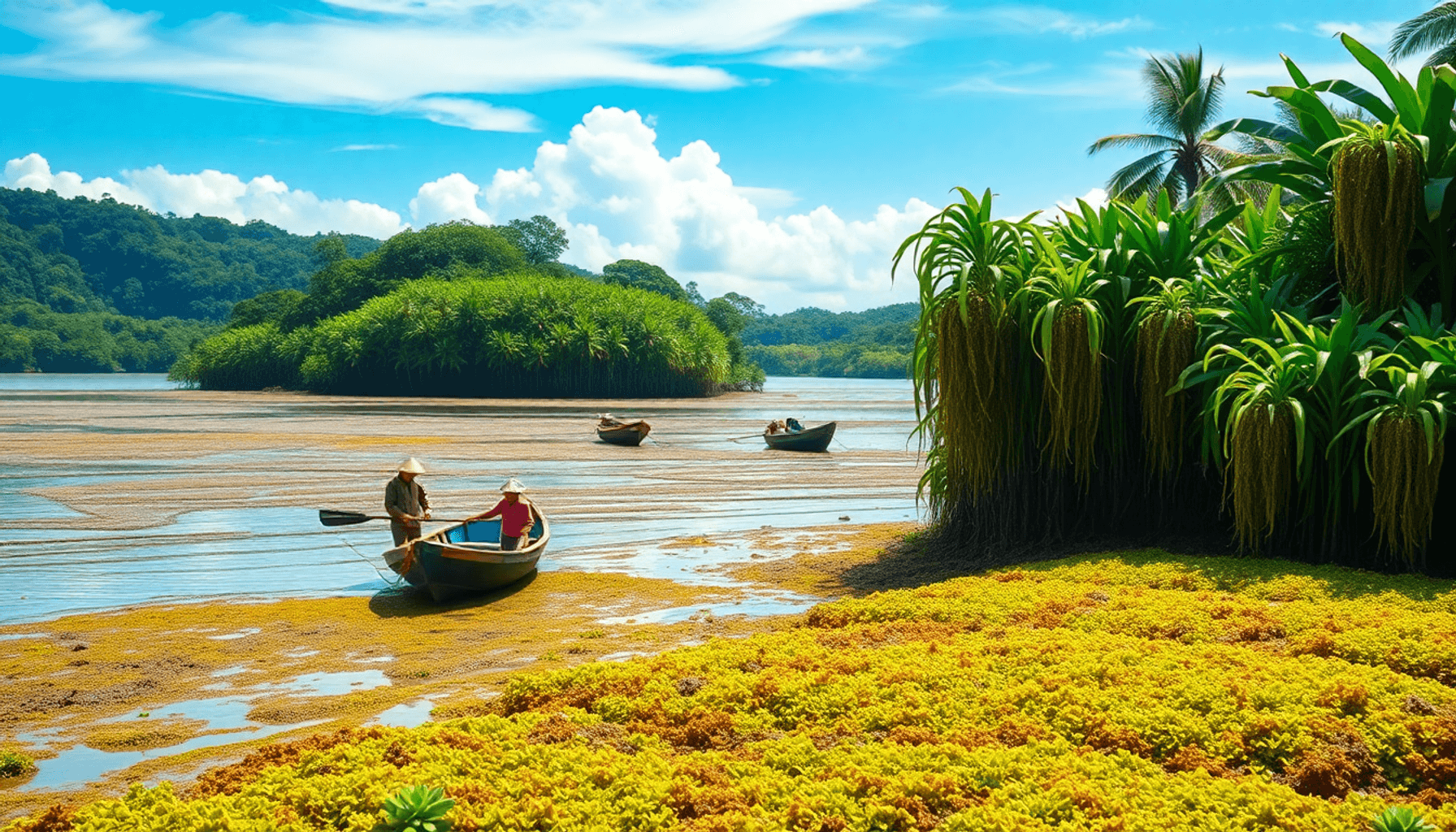 前景中有郁郁葱葱的海藻农场,附近有一艘渔船,农民们在合作,象征着可持续性和经济增长的生机勃勃的海岸场景。