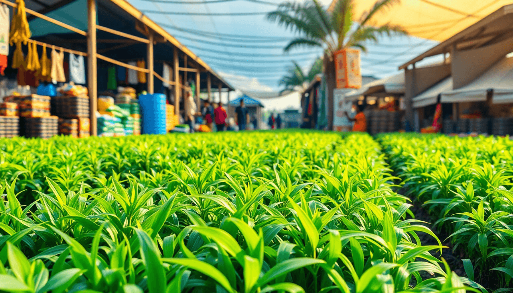 前景中是一片郁郁葱葱的海藻农场,背景是一个繁忙的市场,市场上有货币和投资图表等金融支持的微妙象征。