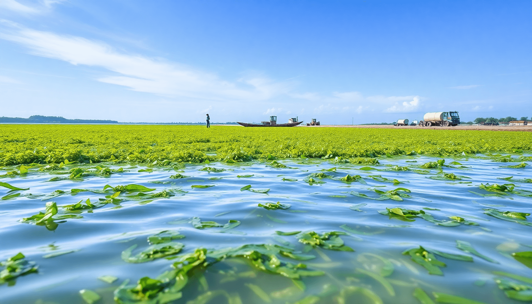 印度尼西亚一片生机勃勃的海藻农场,清澈水域中生长着郁郁葱葱的绿色海藻,岸边有现代化机械,明亮的蓝天象征着增长和可持续性。