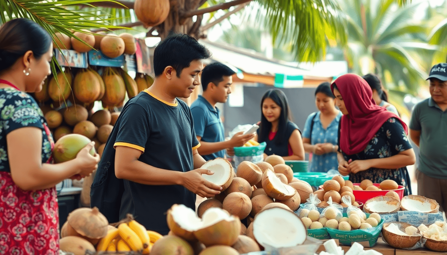 一个热闹的社区市场,摊贩展示着新鲜的椰子和椰子制品,人们参与其中,了解它们的营养价值。