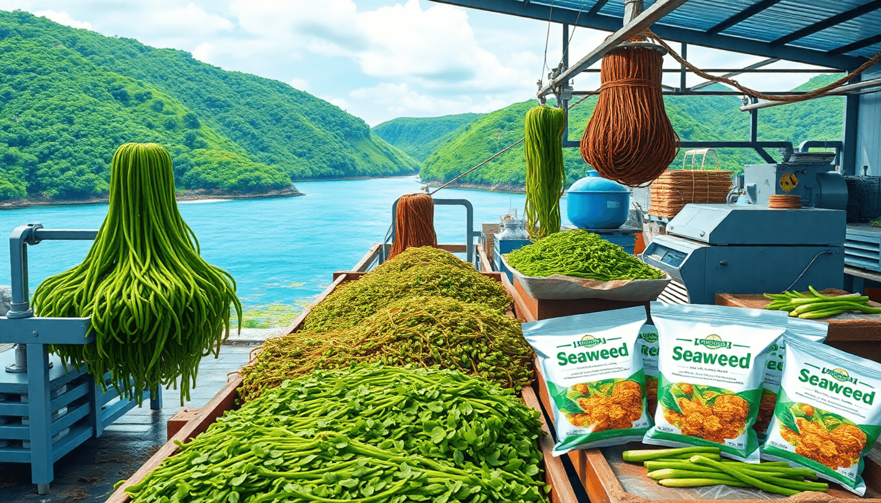 一座生机勃勃的海藻加工厂,正在收获新鲜的海藻,配备现代化设备,生产健康产品,背景是郁郁葱葱的沿海绿地。