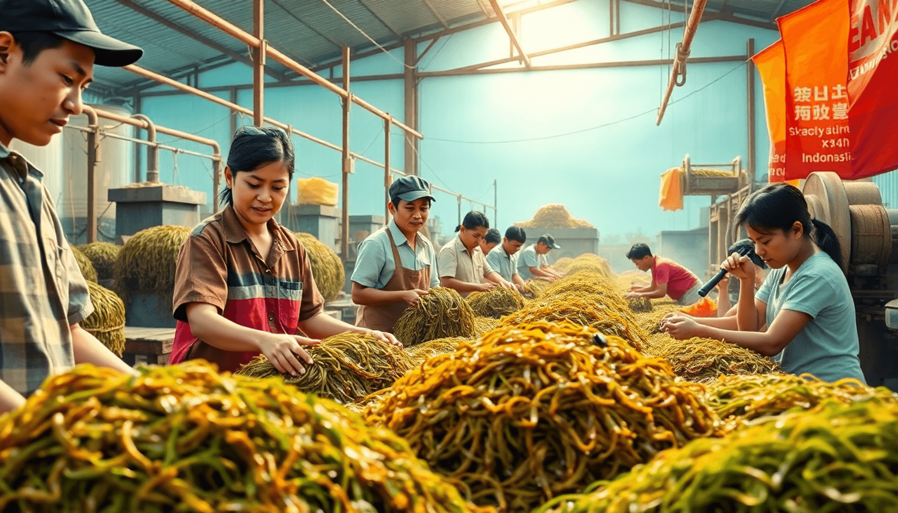 一个繁忙的海藻加工厂,工人们参与生产,新鲜的海藻正在加工,背景中有设备,还有一张图表显示价格波动。