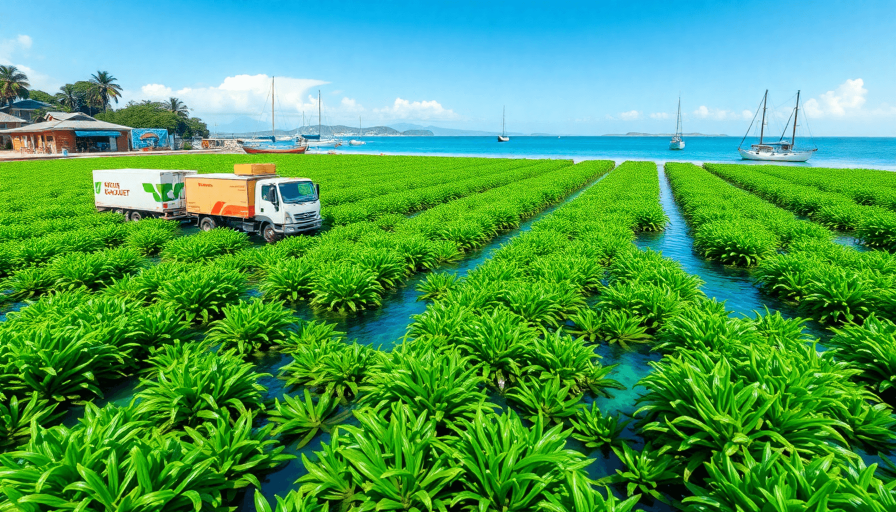 一幅生动的海岸场景,清澈蓝色水下生长着郁郁葱葱的海藻,附近有送货卡车和包裹,阳光明媚的天空,远处有渔船,突显了海藻产业市场。