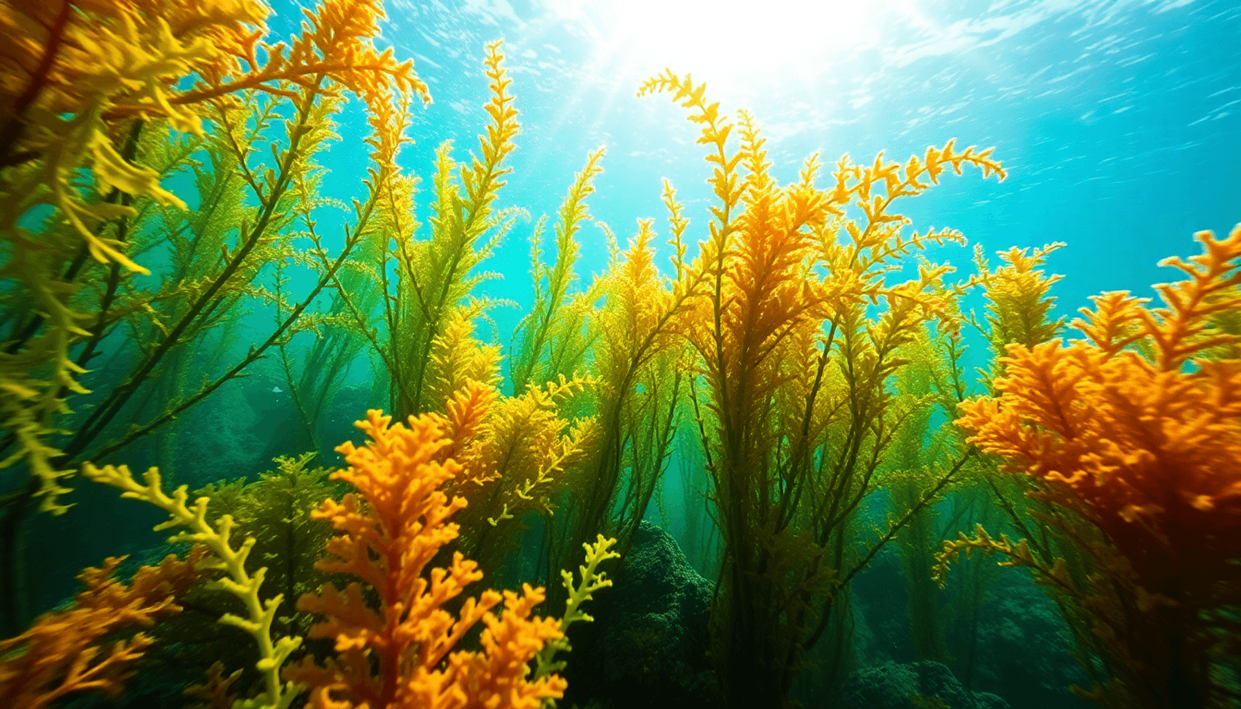 一个色彩斑斓的水下场景,充满了各种海藻物种,阳光透过水面照射下来,突显出健康的生长和微妙的温度梯度。