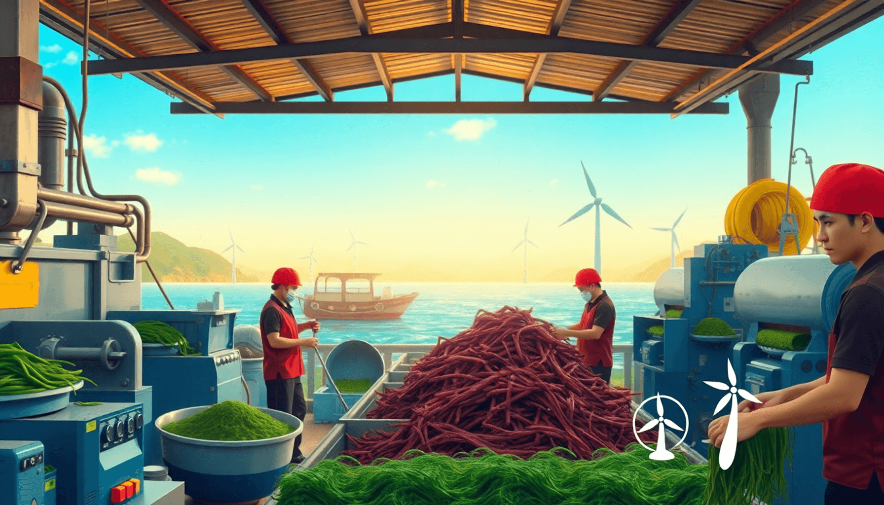 现代化的海藻加工设施,工人们使用机械设备,周围环绕着郁郁葱葱的沿海风景,展示着海藻产品和可再生能源符号。