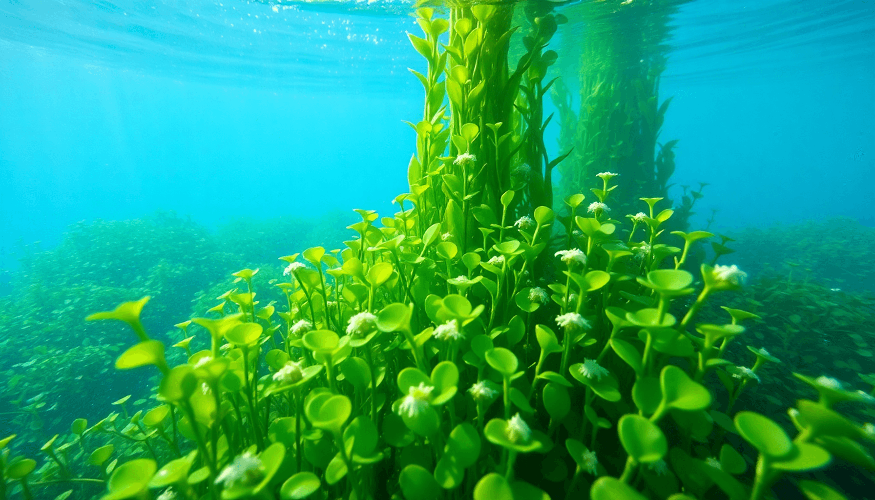 一个生机勃勃的水下场景,展示了丰盛的绿色海藻和在清水中茁壮成长的组织培养基幼苗,突显了在受控环境中生长和生产力。