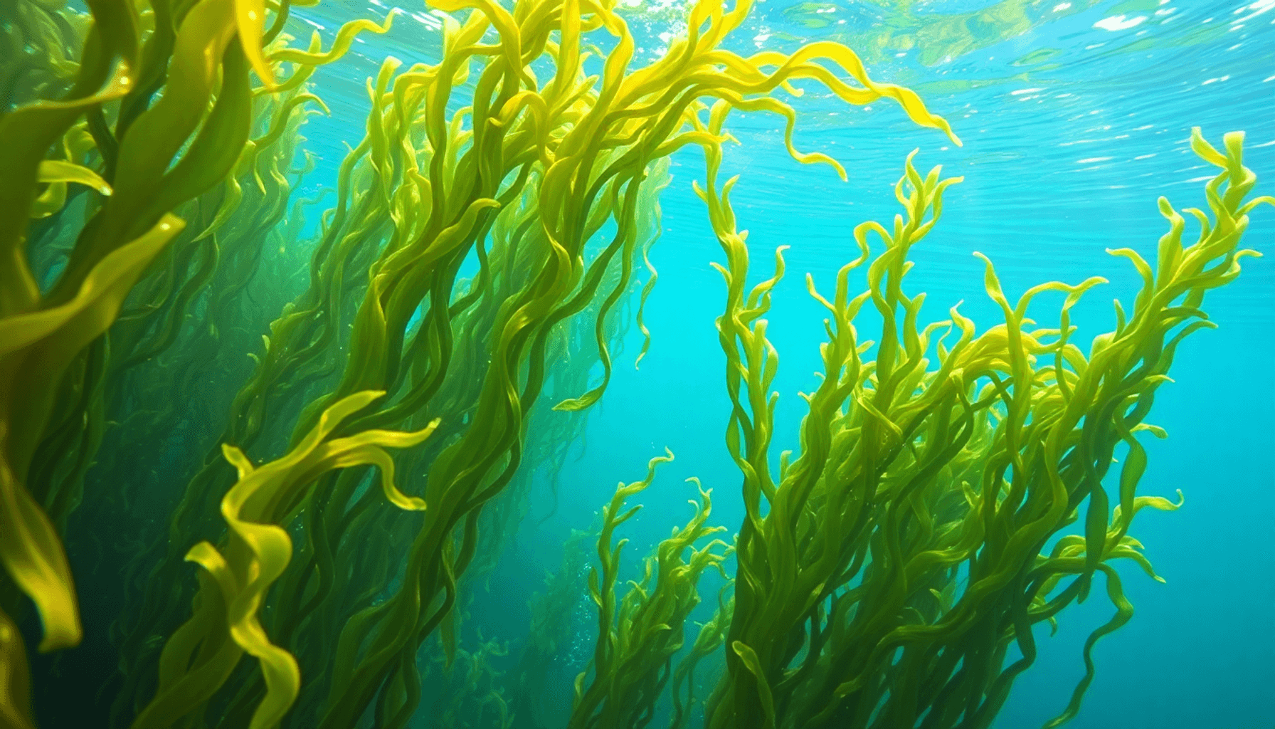 一幅生动的水下场景,郁郁葱葱的海藻森林和微妙的认证符号,背景是宁静的海洋,突显可持续农业机会。