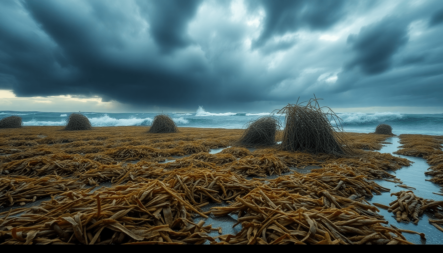一片动荡不安的海藻农场,在暴风雨的天空下,海藻被连根拔起,水面波涛汹涌,突显了极端天气和气候变化对海洋农业的影响。