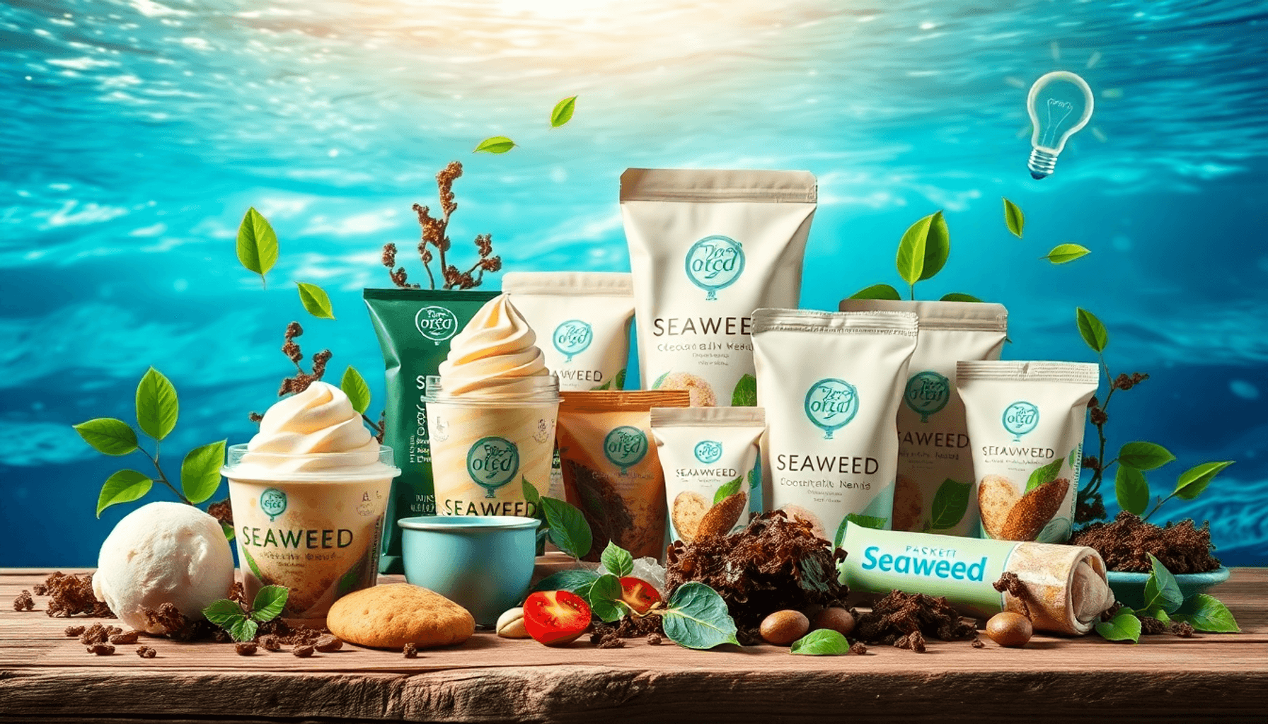 以海藻为基础的食品产品,如冰淇淋,艺术性地排列在自然的海洋背景下,象征着创新和可持续性的元素。