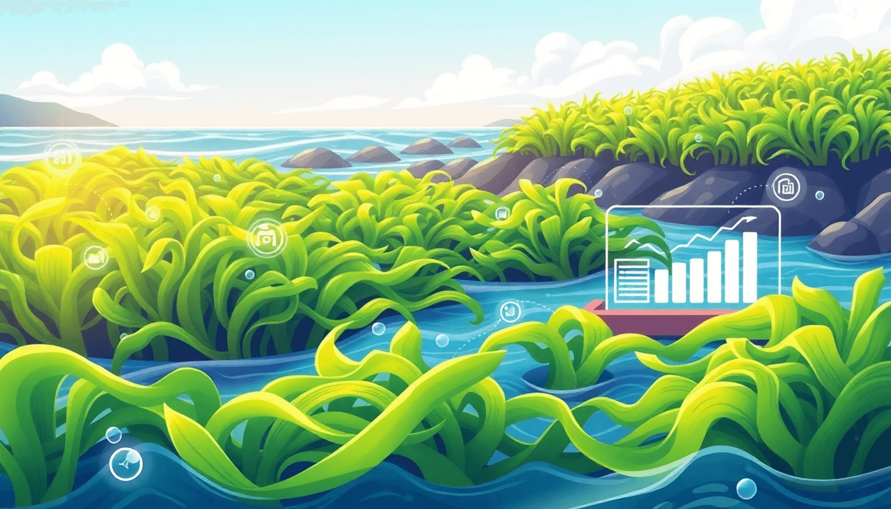 一幅生动的现代B2B市场插图,展示海藻养殖,绿意盎然的海藻与数字设备、增长图表相结合,体现农民与分销商之间的合作与可持续发展。