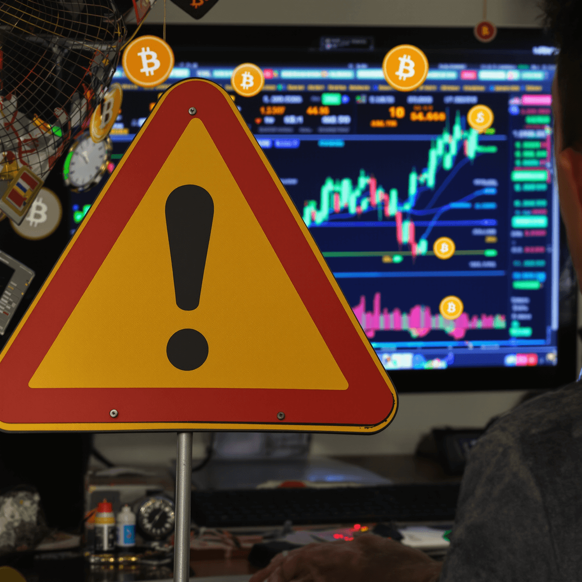 A concerned investor examines a computer screen with stock market graphs and cryptocurrency symbols, with a warning sign indicating caution against online investment scams.