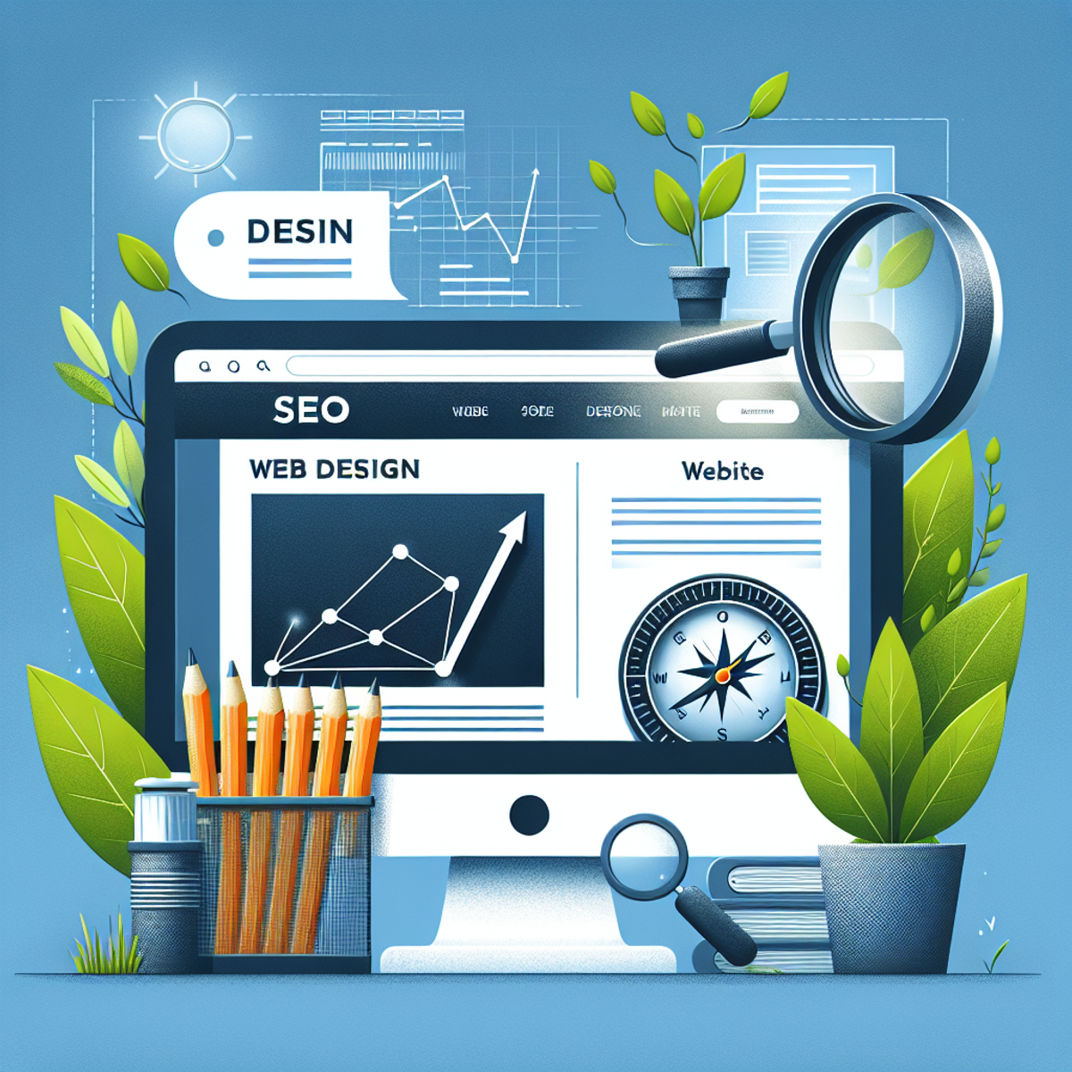 A computer screen displaying a beautifully designed website with a pencil and compass symbol, a magnifying glass over the screen, and a growing plant nearby.