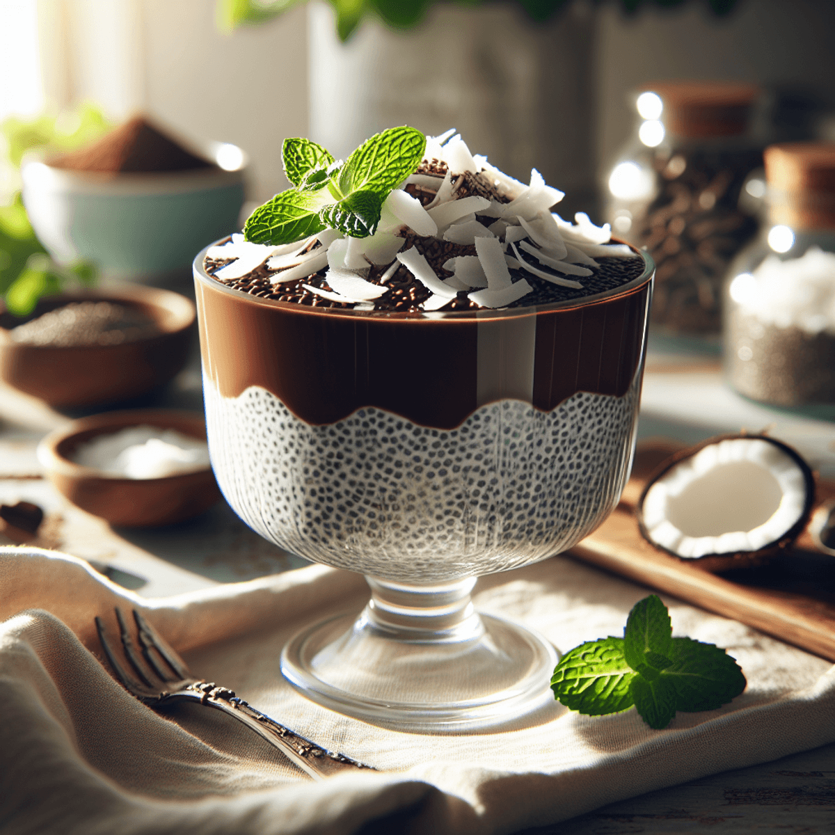 A clear glass bowl filled with chocolate coconut chia pudding, showcasing rich layers of creamy chocolate and white coconut flakes. The dessert is garnished with fresh mint leaves, adding vibrant green accents. The bowl is set in a sunlit kitchen, with soft natural light enhancing the pudding's inviting textures and colors.