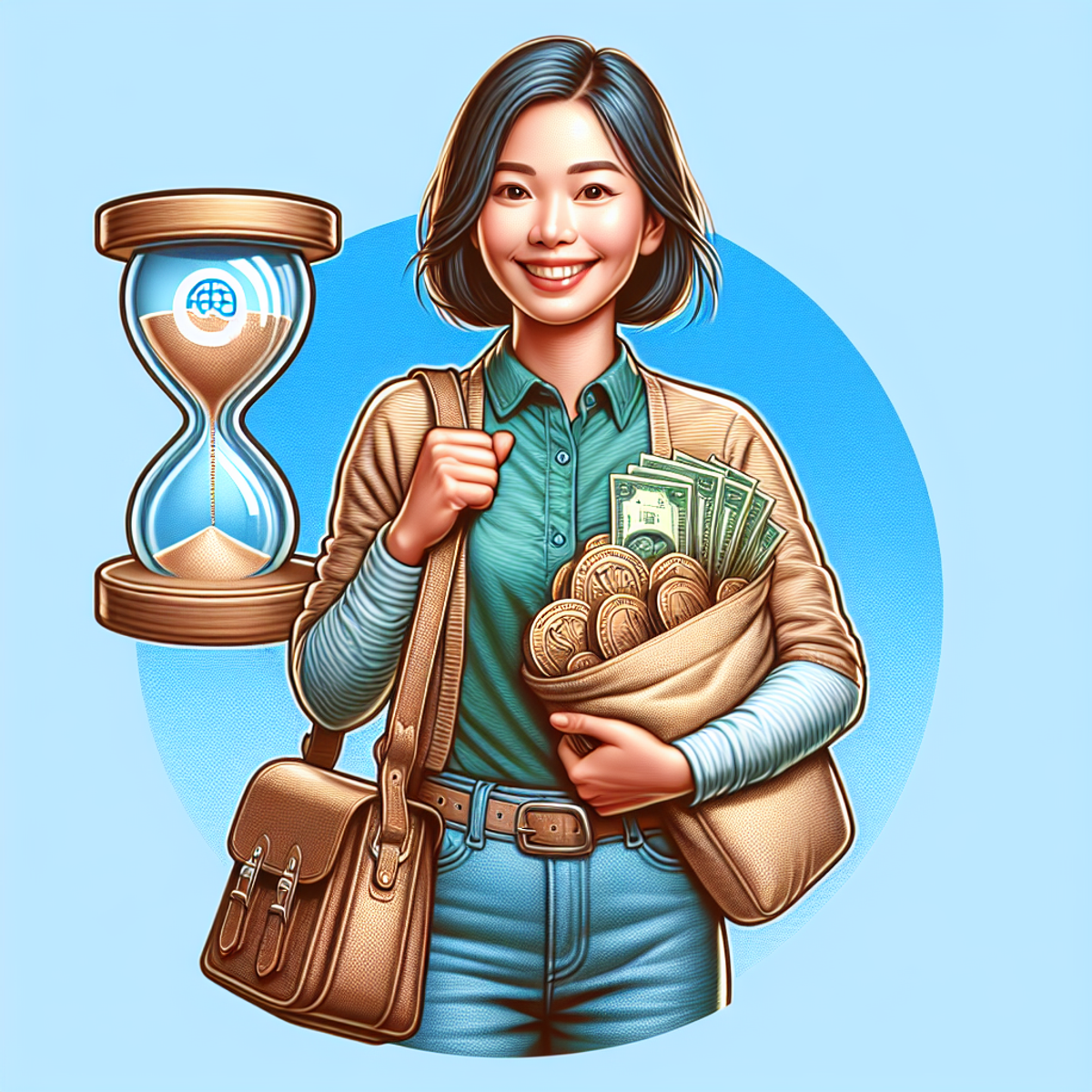 A confident Asian woman smiling while holding a bag of money, with an hourglass icon nearby.