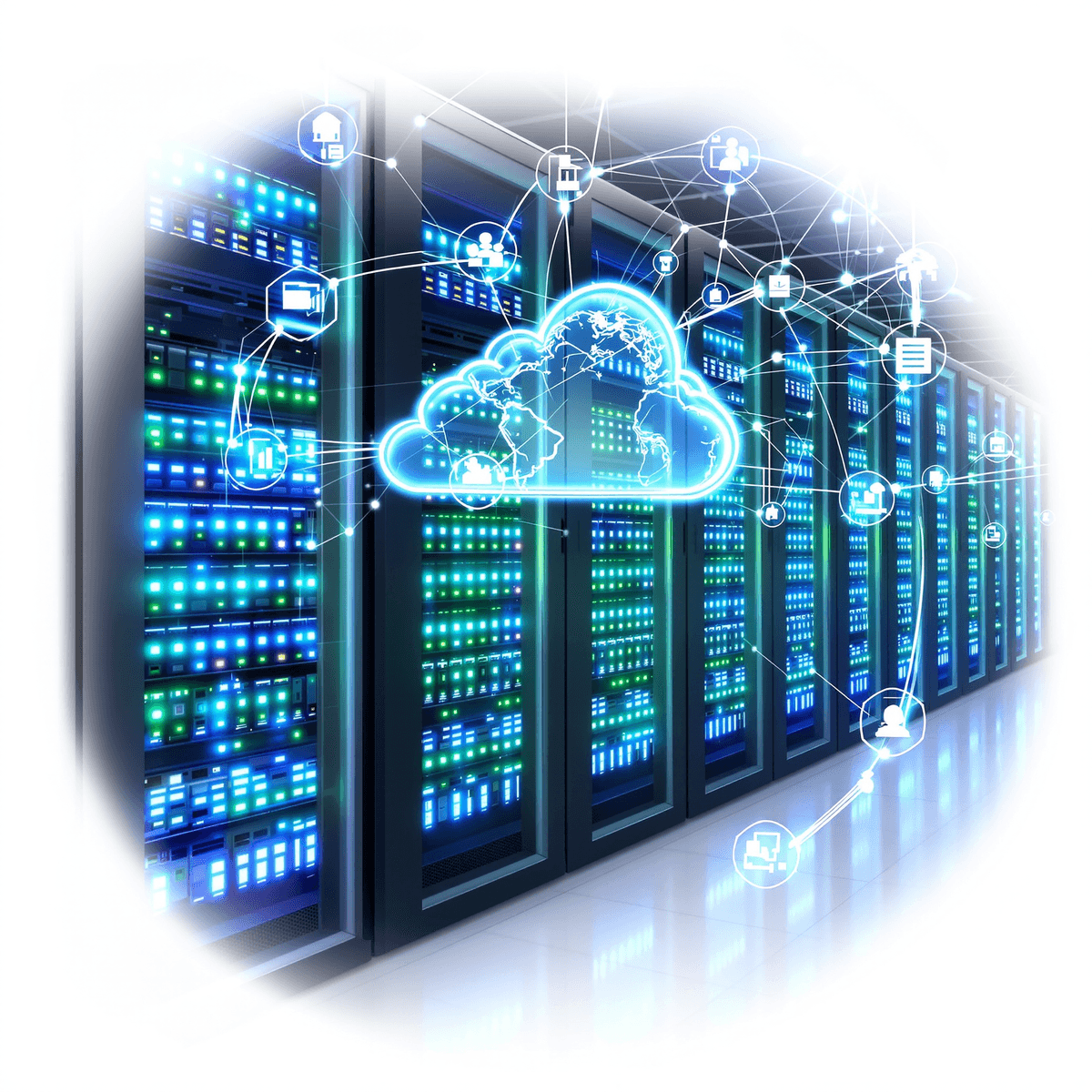 Rows of servers with blue and green lights connected by digital lines, set before a globe with internet icons, symbolizing global cloud computing access.