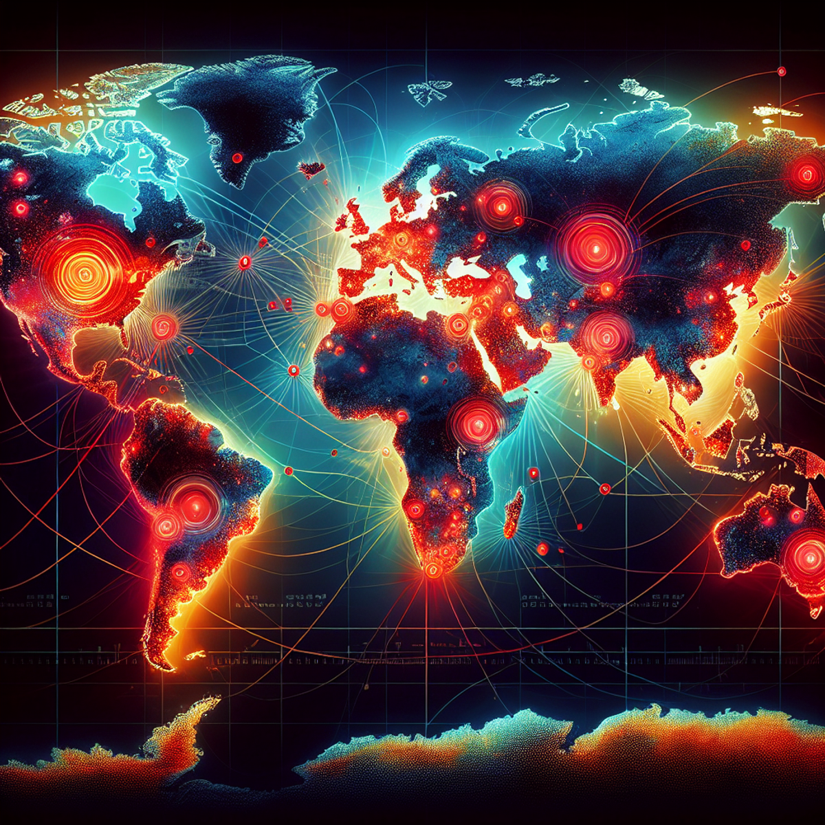 A world map illustration with vibrant, radiating color gradients indicating the spread of a disease outbreak. Pulsating, red circular symbols represent hotspots of the disease, with abstract lines connecting different regions to visualize pathways of disease transmission.