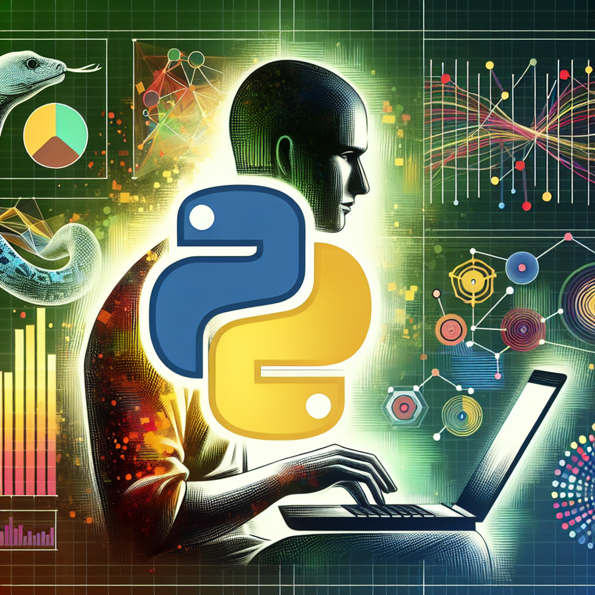 A person using a laptop with Python logo surrounded by abstract data visualizations.