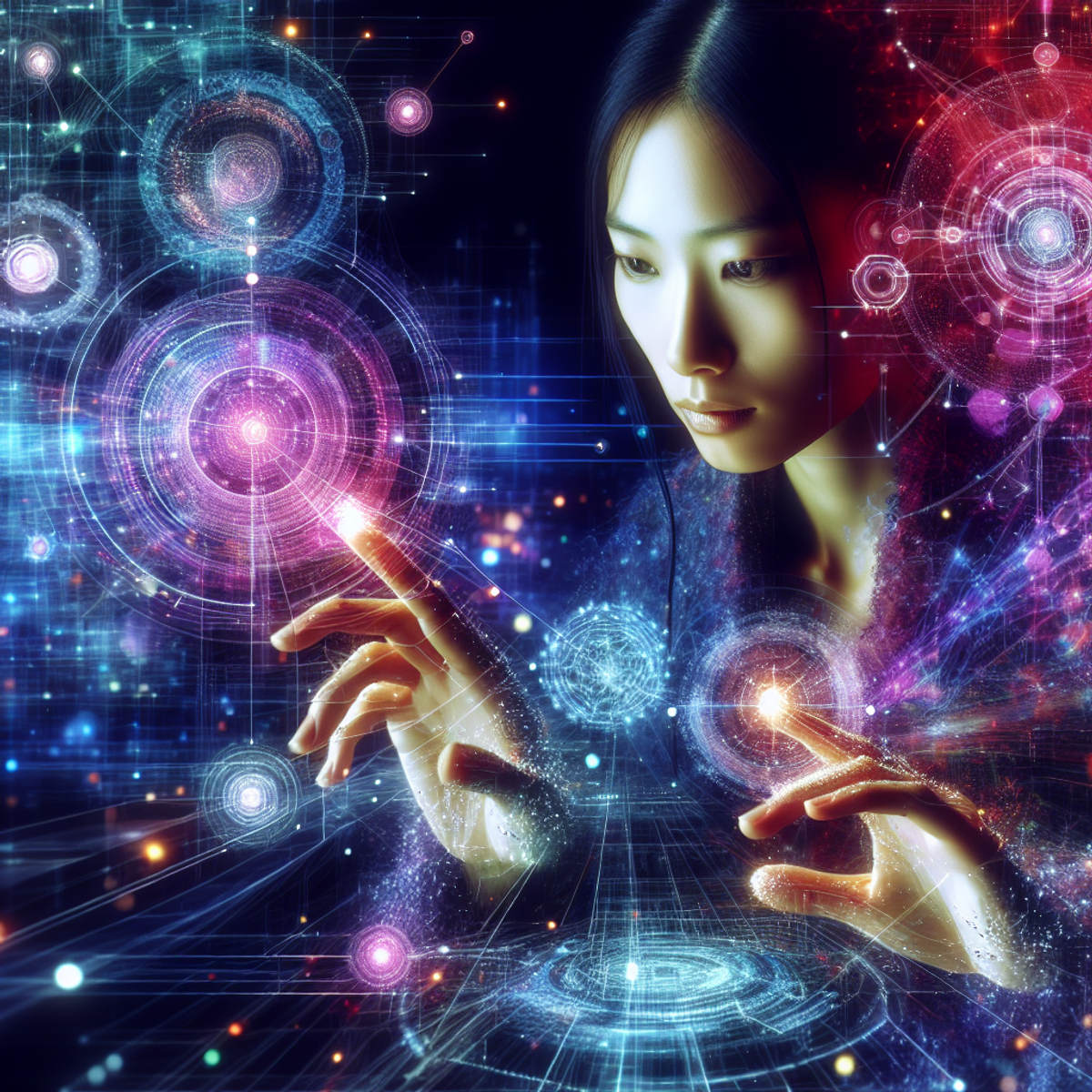 A woman interacting with holographic data points.