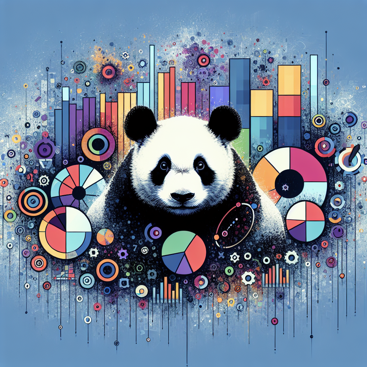 A playful panda interacts with a vibrant array of abstract data visualization symbols, including pie charts, bar graphs, and scatter plots.