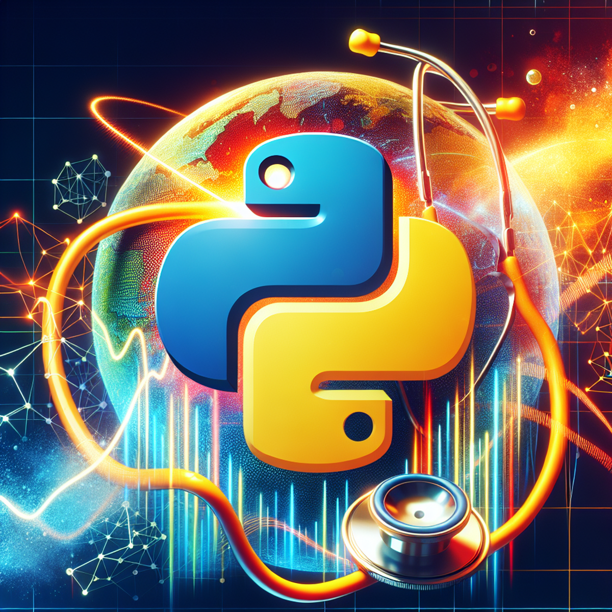 Python programming language logo intertwined with public health symbols.