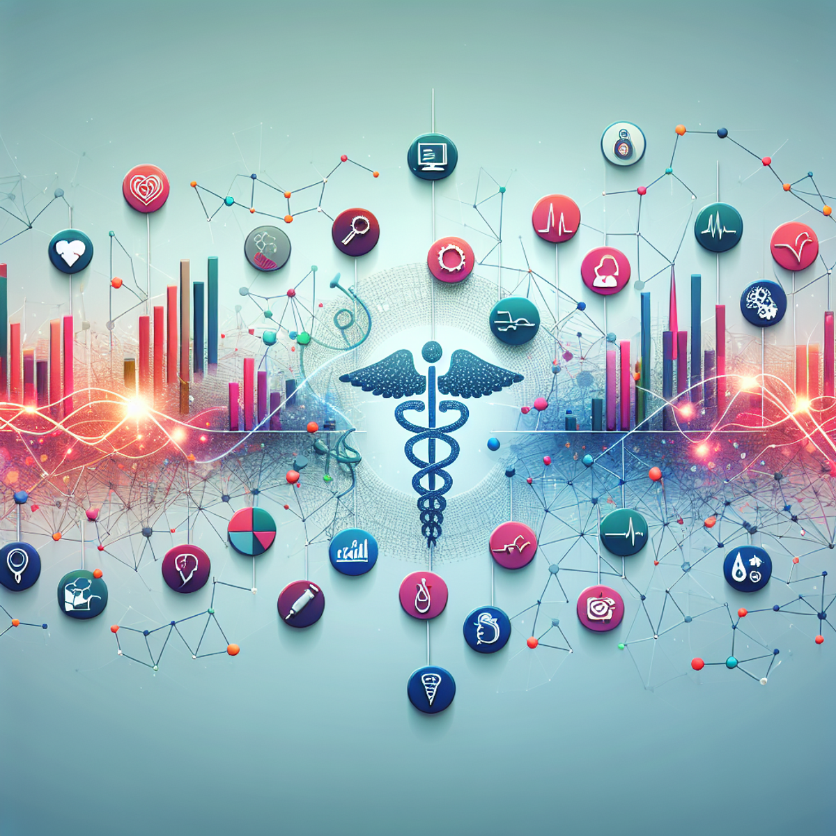 A complex network of interconnected data points and statistical visual representations, incorporating symbols of public health such as a microscope and a stethoscope.