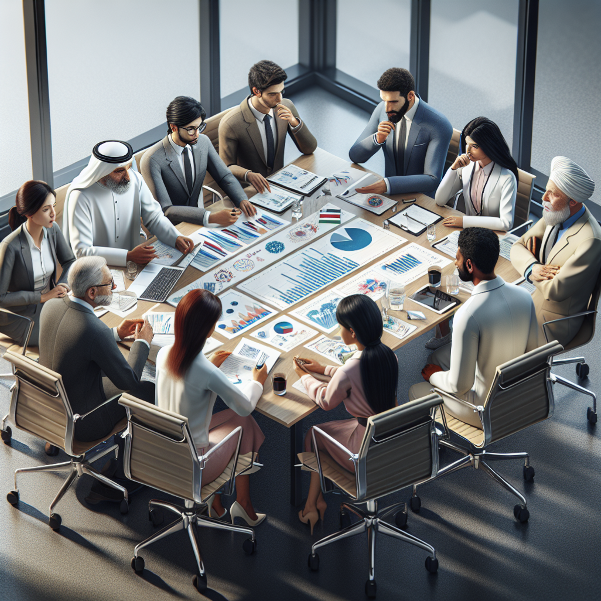 A diverse group of public health professionals engaged in a serious discussion in a meeting room.